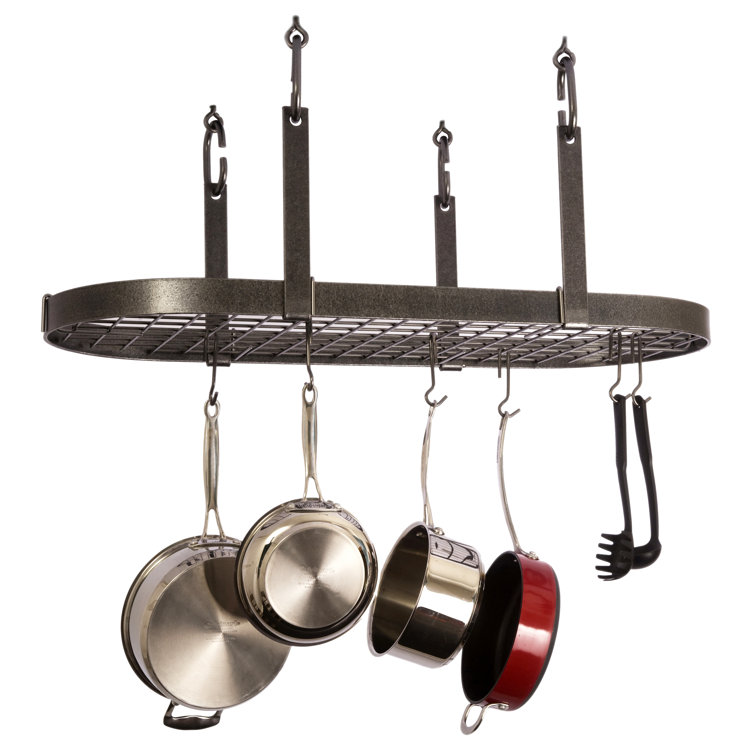 Hammered Steel Oval Ceiling Pot Rack with Hooks