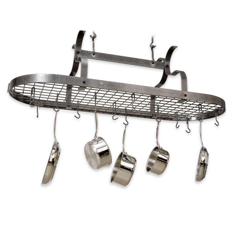 Hammered Steel Oval Ceiling Pot Rack with Hooks