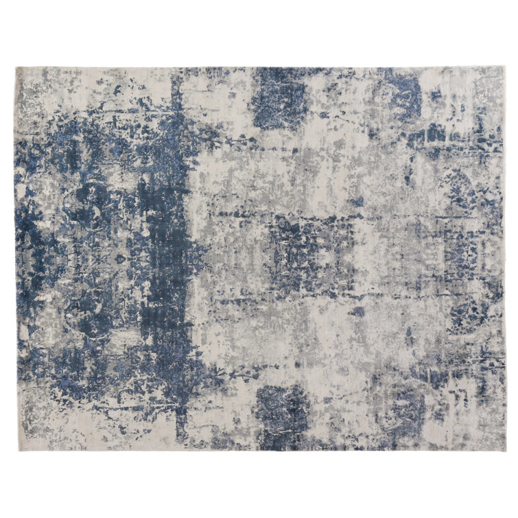 Ivory and Blue Handmade Abstract Viscose Area Rug