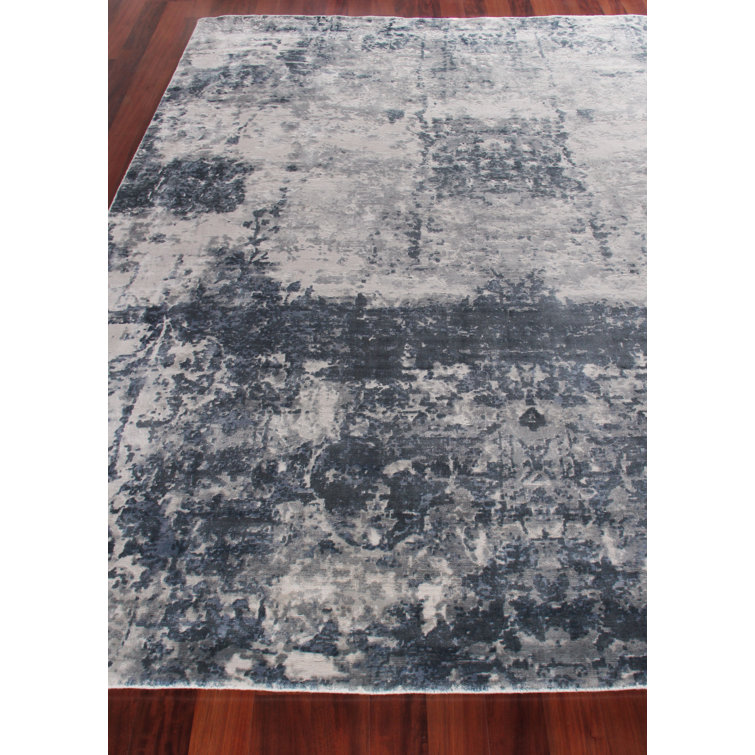 Ivory and Blue Handmade Abstract Viscose Area Rug