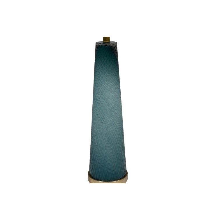 Tall Blue Hand-Cut Glass Table Lamp with Linen Shade