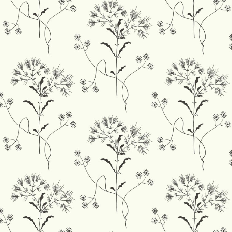 Black and White Vinyl-Coated Floral Wallpaper Roll