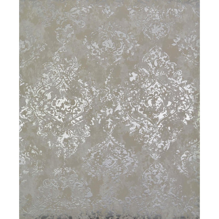 White and Silver Damask Non-Pasted Washable Wallpaper