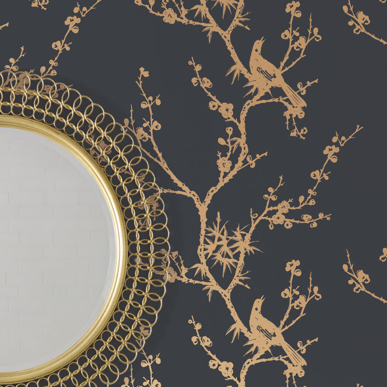 Black and Gold Chinoiserie Bird Peel and Stick Wallpaper