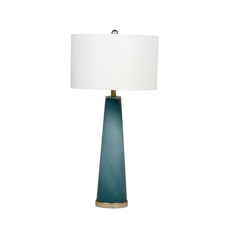 Tall Blue Hand-Cut Glass Table Lamp with Linen Shade