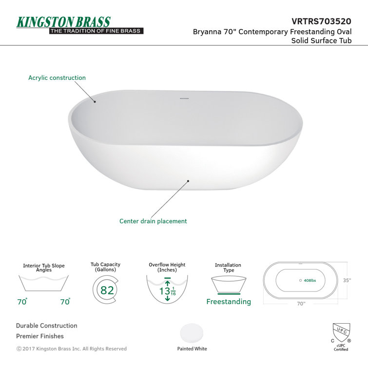 Matte White 70-Inch Oval Freestanding Acrylic Bathtub