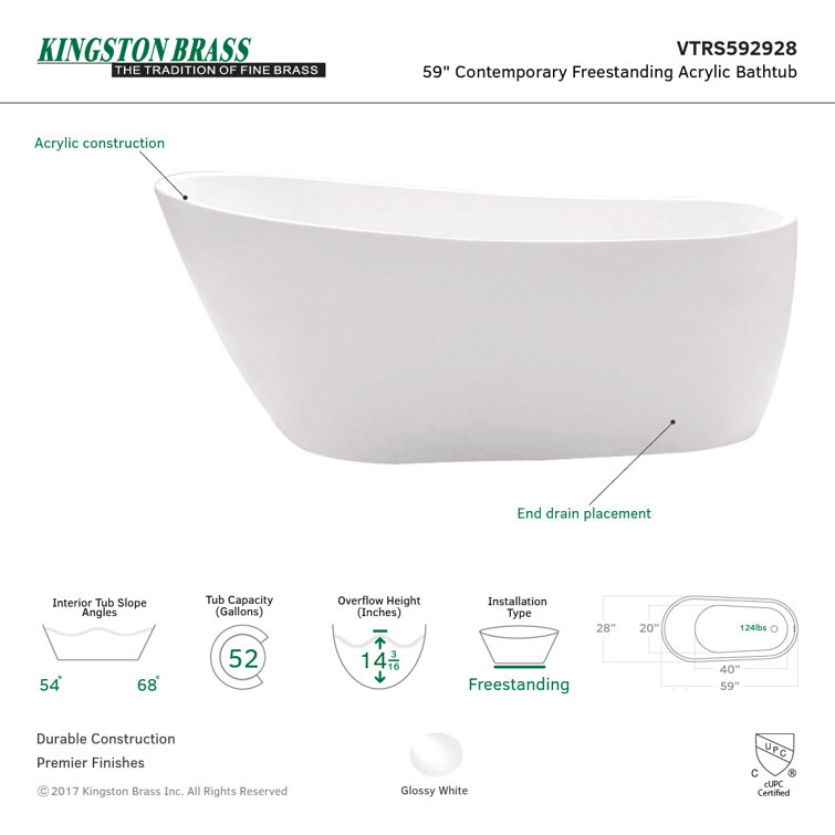 Aqua Eden White 59" Freestanding Acrylic Clawfoot Bathtub