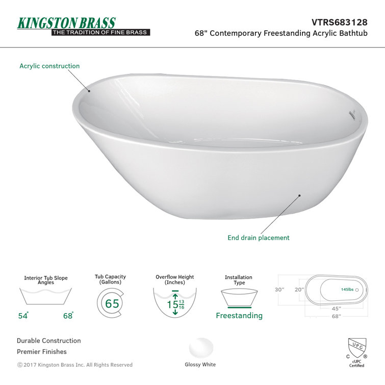White Acrylic Oval Freestanding Slipper Bathtub