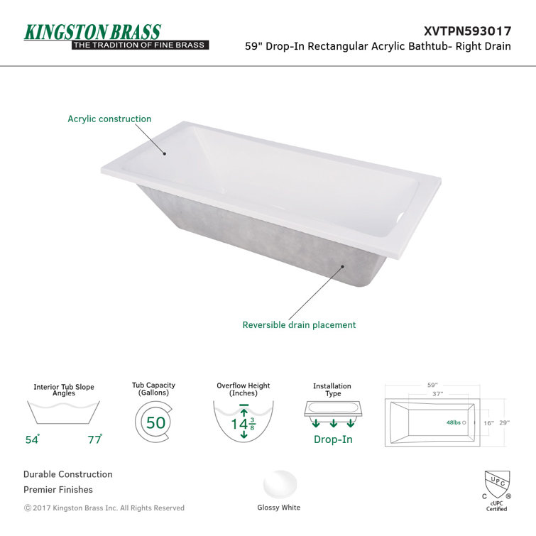 Aqua Eden 59-Inch White Acrylic Rectangular Drop-In Tub with Jets