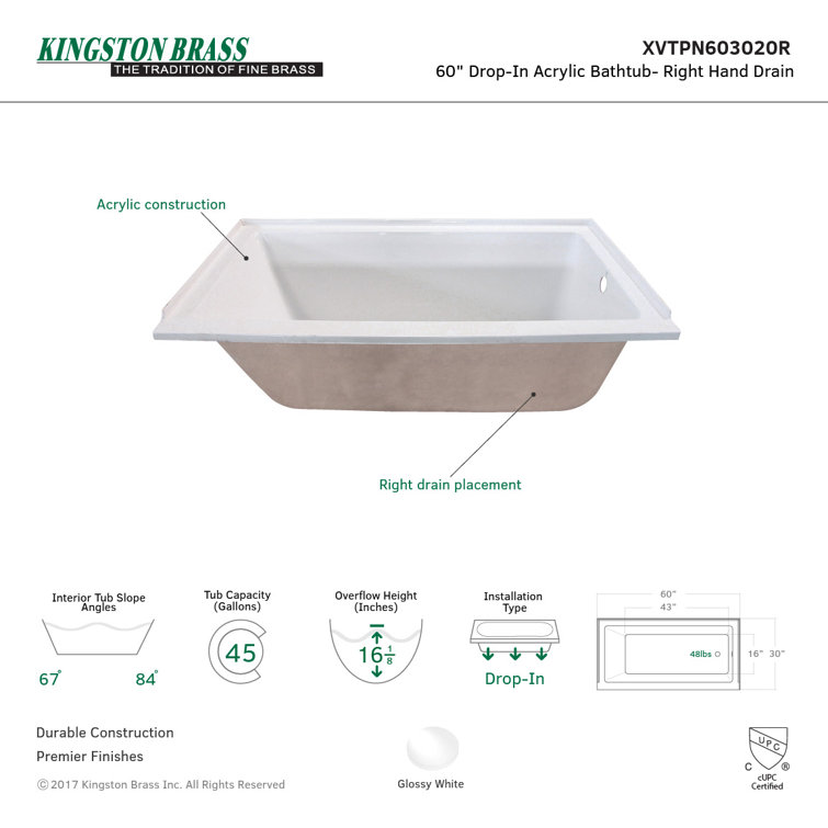 Aqua Eden 60-Inch White Acrylic Drop-In Tub with Right Hand Drain