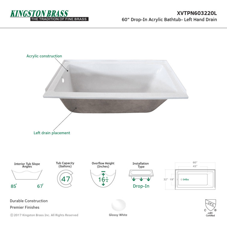 Aqua Eden 60-Inch White Acrylic Drop-In Tub