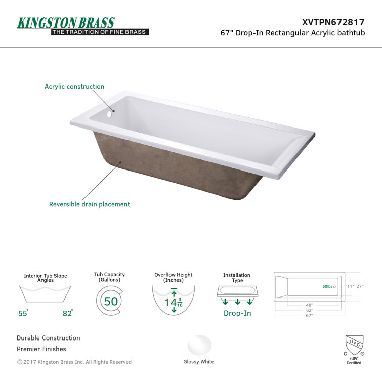 Aqua Eden 67-Inch White Acrylic Rectangular Drop-In Tub