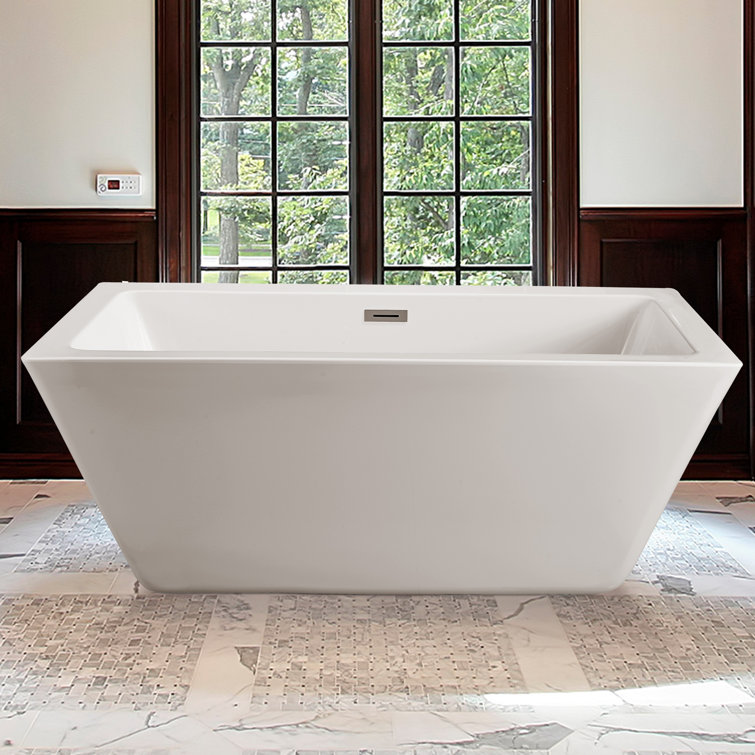 60" White Acrylic Freestanding Soaking Bathtub with Chrome Drain