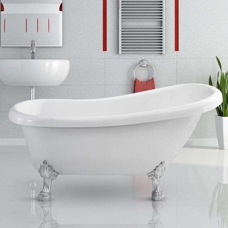 61" Glossy White Acrylic Clawfoot Bathtub with Chrome Feet and Drain