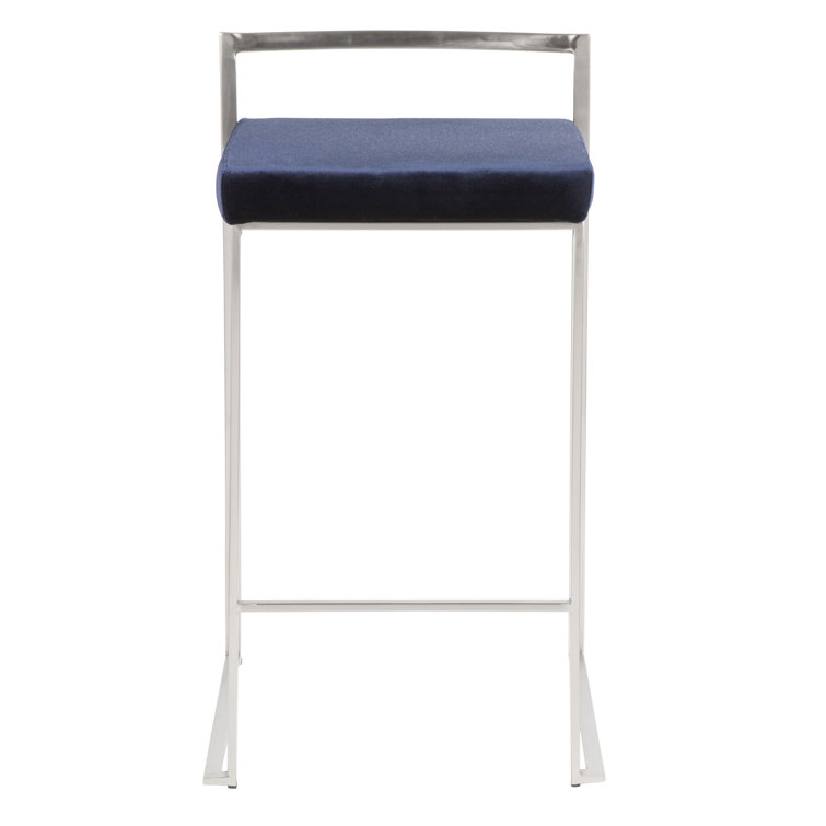 Sleek Stainless Steel Counter Stool with Blue Velvet Cushion - Set of 2