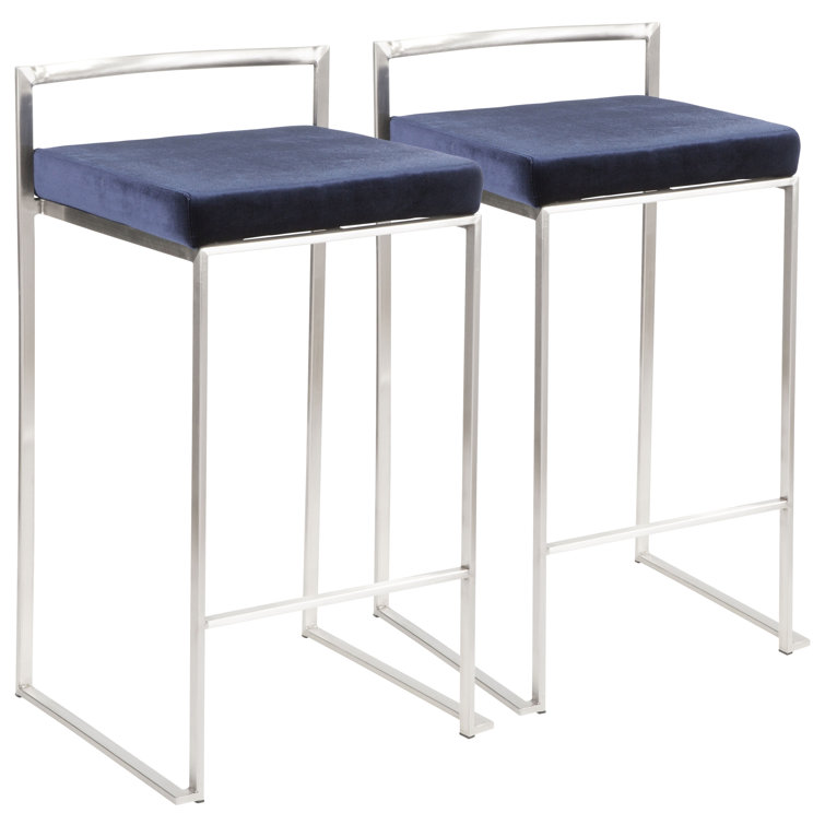 Sleek Stainless Steel Counter Stool with Blue Velvet Cushion - Set of 2