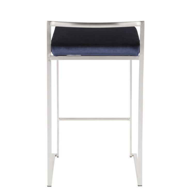 Sleek Stainless Steel Counter Stool with Blue Velvet Cushion - Set of 2