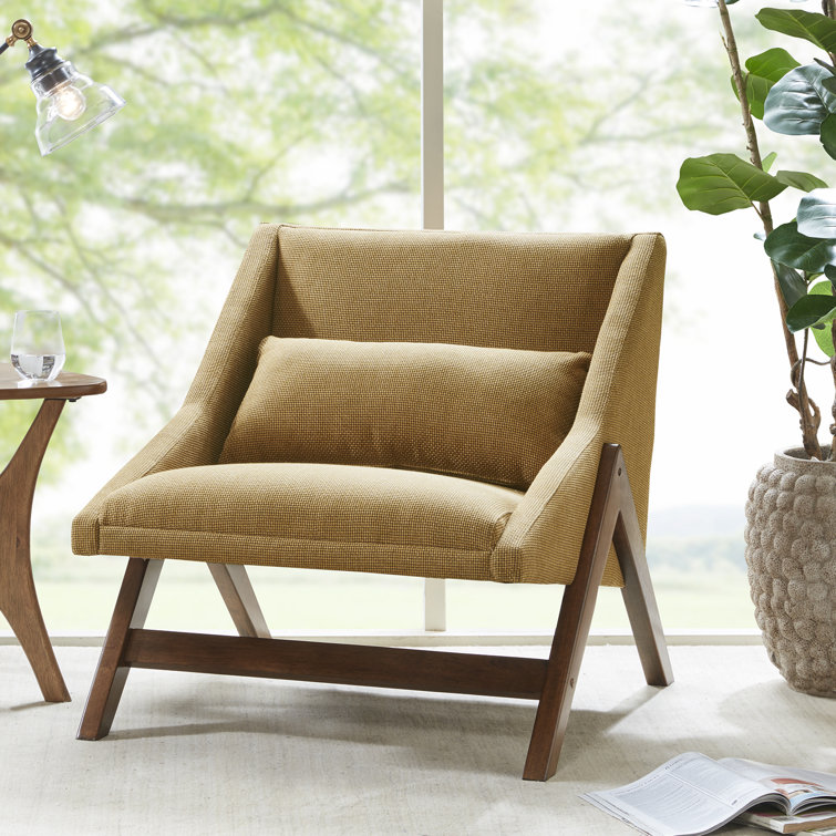 Mustard Yellow Leather and Wood Chaise Lounge Chair