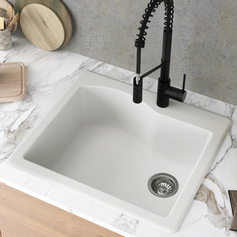 25" White Granite Single Bowl Drop-In Kitchen Sink