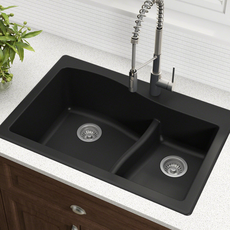 33-Inch Black Granite Double Bowl Drop-In Kitchen Sink
