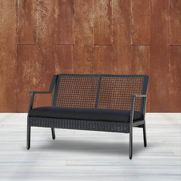 Calvin 46.5" Black Aluminum & Wicker Outdoor Loveseat with Cushions