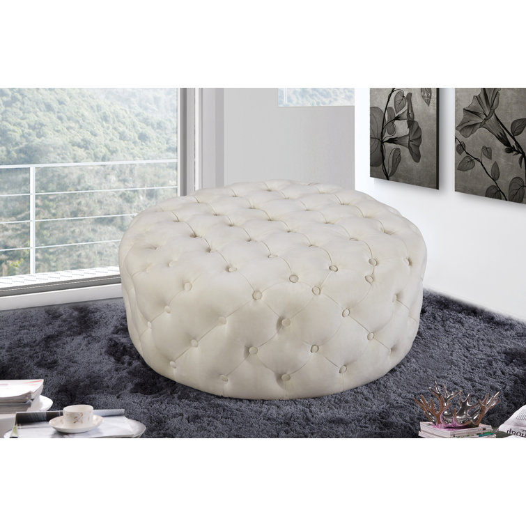 Cream Velvet Tufted Round Ottoman Bench