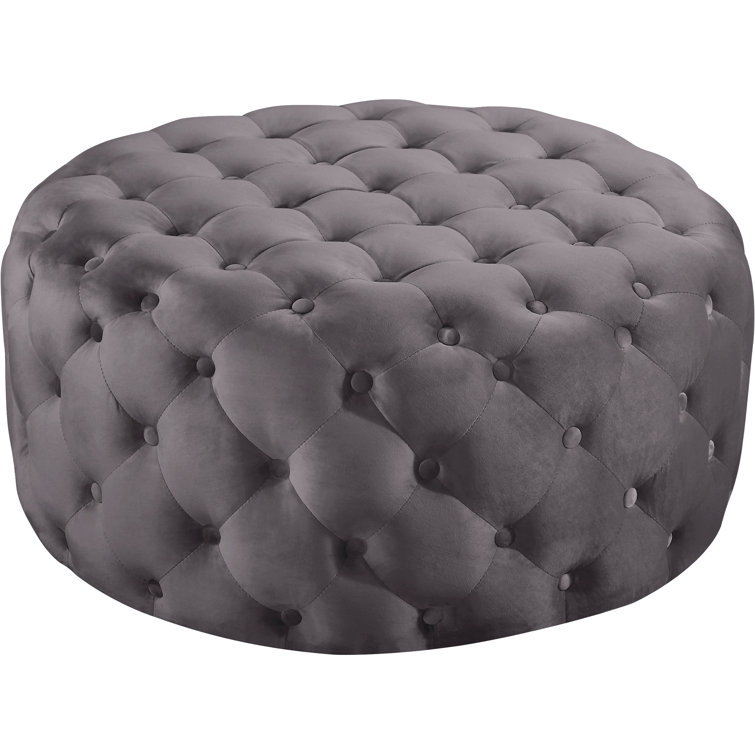 Gray Velvet Tufted Round Ottoman with Eucalyptus Wood Frame