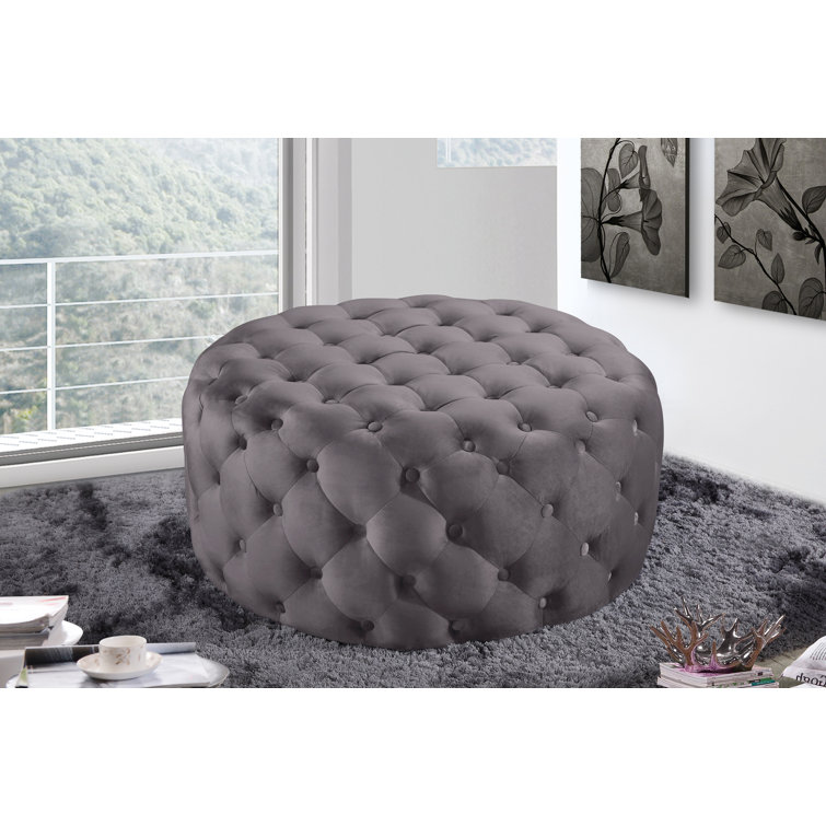 Gray Velvet Tufted Round Ottoman with Eucalyptus Wood Frame