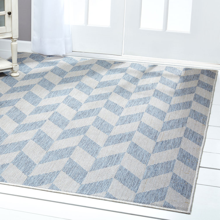 Blue and Grey Herringbone Indoor/Outdoor Rectangular Rug 6' x 9'