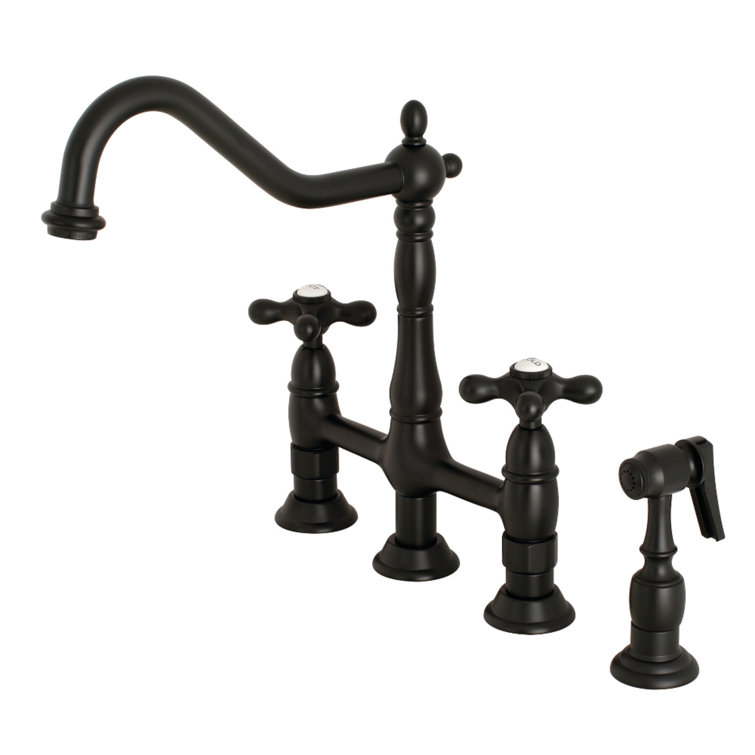 Matte Black Brass Heritage Bridge Kitchen Faucet with Side Sprayer