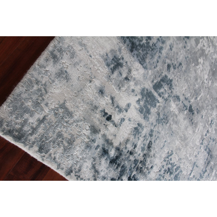Ivory and Blue Handmade Abstract Viscose Area Rug