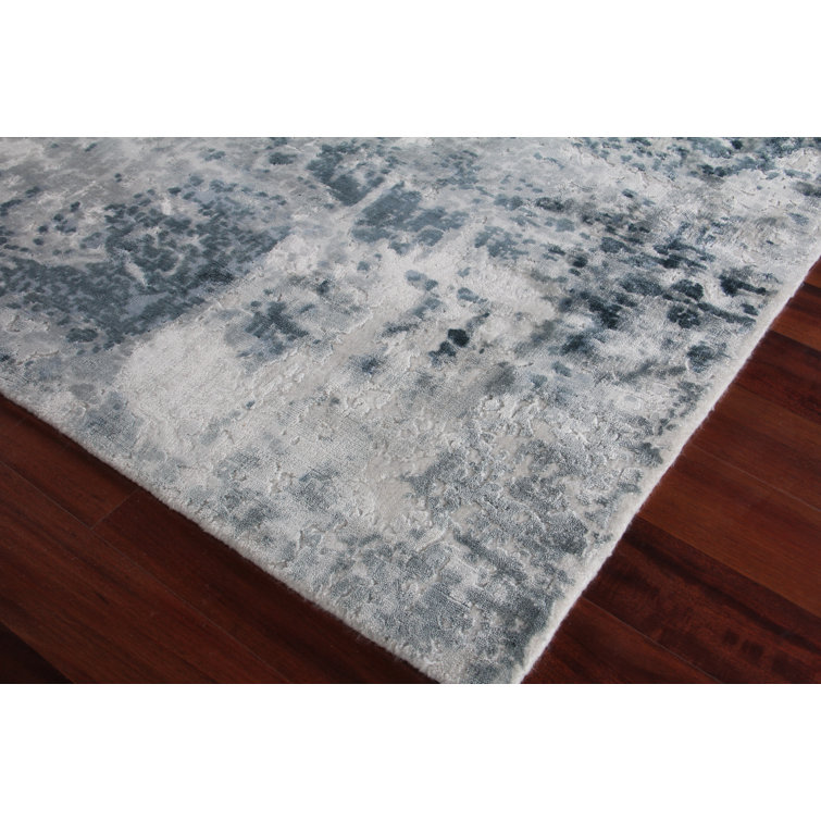 Ivory and Blue Handmade Abstract Viscose Area Rug