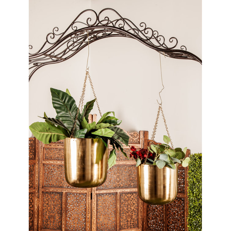 Elegant Gold Iron Hanging Planter Duo for Indoor & Outdoor Decor