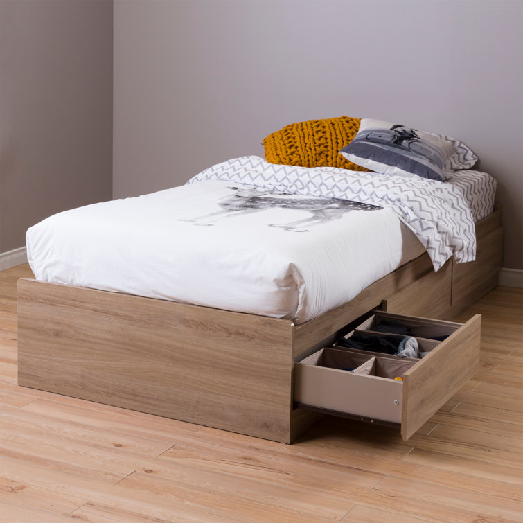 Rustic Oak Twin Wood Platform Bed with Storage Drawers
