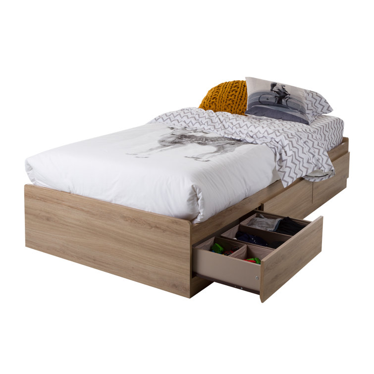 Rustic Oak Twin Wood Platform Bed with Storage Drawers