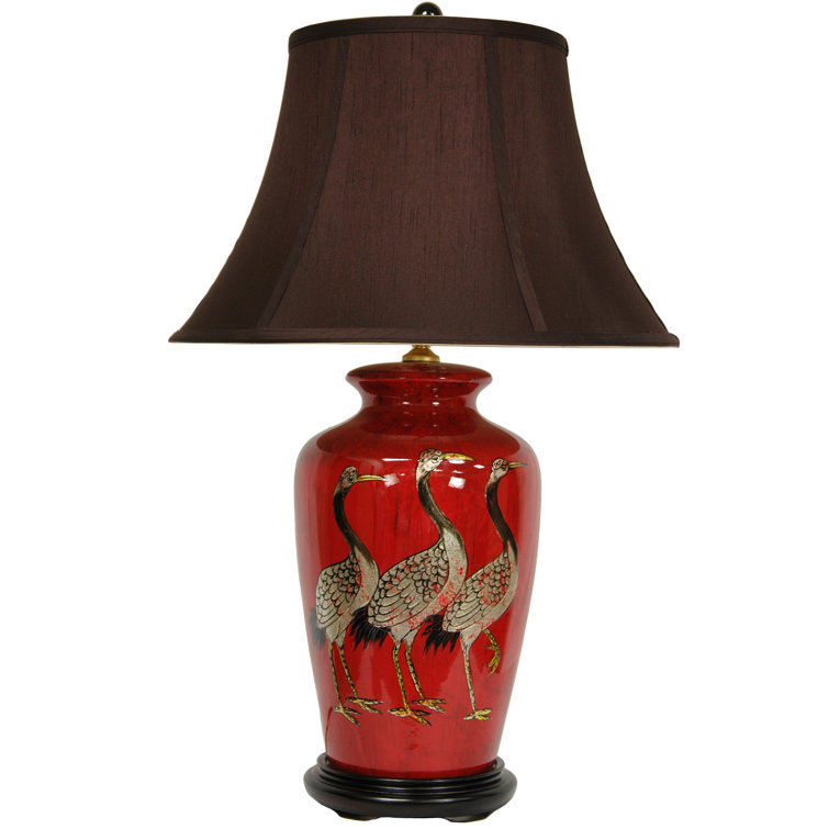 Oriental Red Ceramic Table Lamp with Off-White Fabric Shade