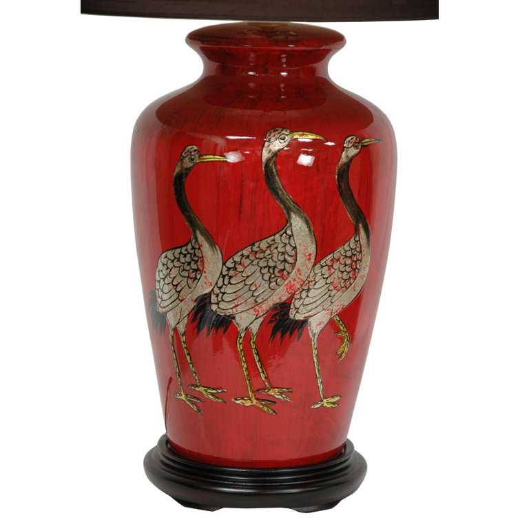 Oriental Red Ceramic Table Lamp with Off-White Fabric Shade