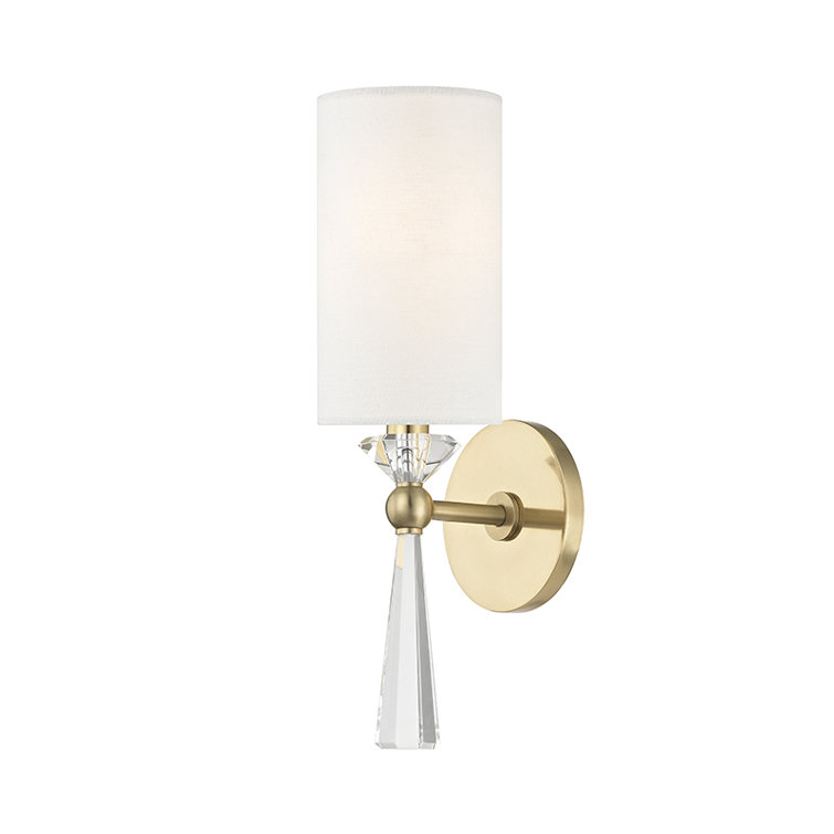 Aged Brass Cylinder Wall Sconce with Off-White Linen Shade