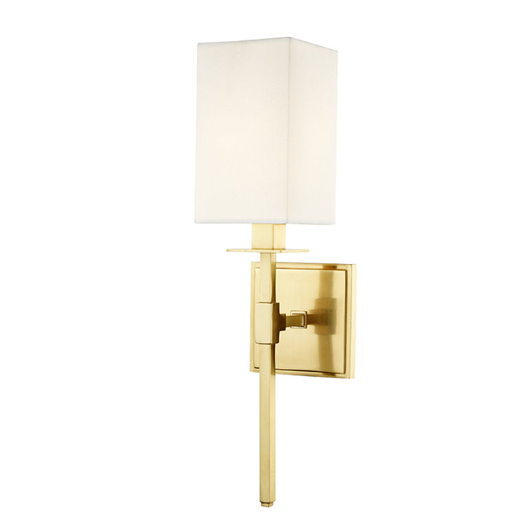 Aged Brass 1-Light Wall Sconce with Off-White Shade