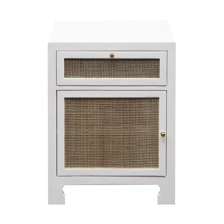 Elegant Freestanding White Cabinet with Adjustable Shelving and Brass Accents