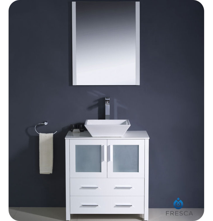White Ceramic Top 30" Modern Freestanding Vanity Set with Mirror