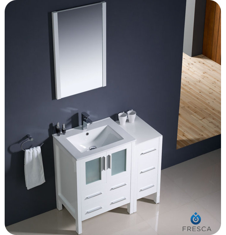 White Engineered Wood Freestanding Vanity Set with Mirror and Ceramic Sink