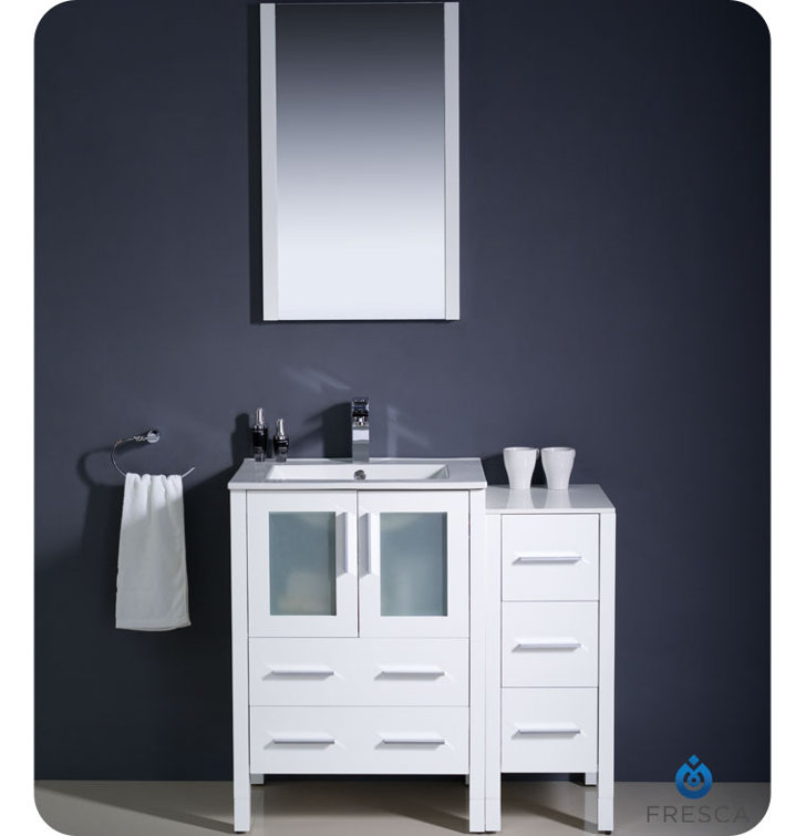 White Engineered Wood Freestanding Vanity Set with Mirror and Ceramic Sink