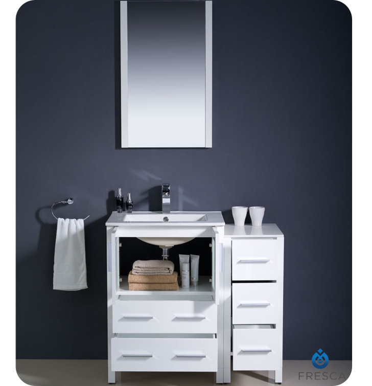 White Engineered Wood Freestanding Vanity Set with Mirror and Ceramic Sink