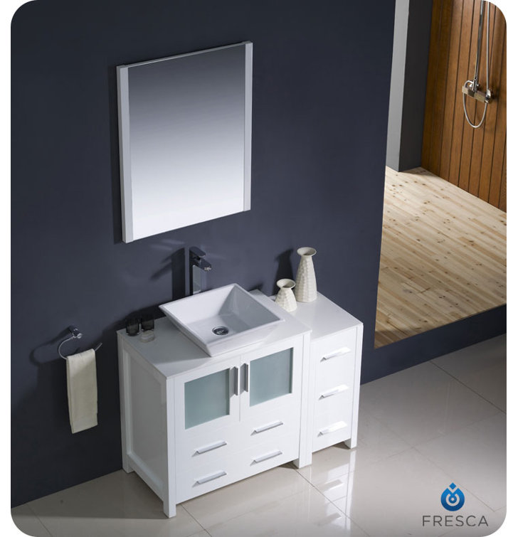 White Engineered Wood Single Vessel Sink Vanity Set with Mirror