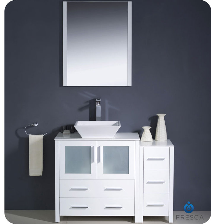White Engineered Wood Single Vessel Sink Vanity Set with Mirror