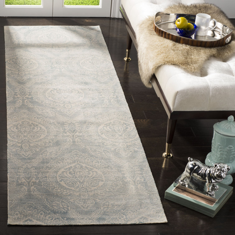 Turquoise and Ivory Hand Loomed Wool Runner Rug, 2'3" x 8'