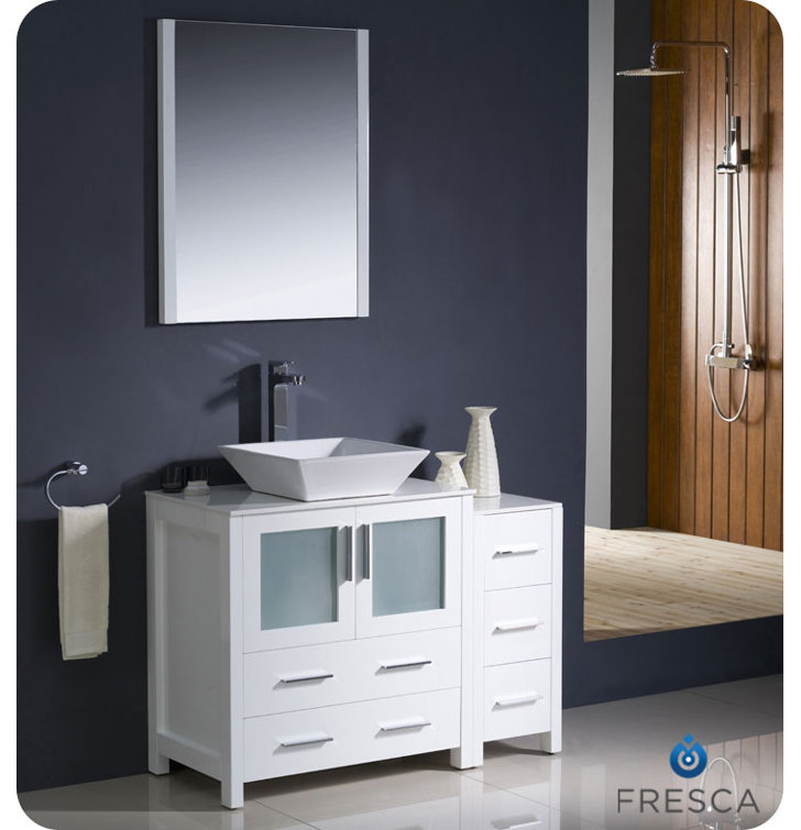 White Engineered Wood Single Vessel Sink Vanity Set with Mirror