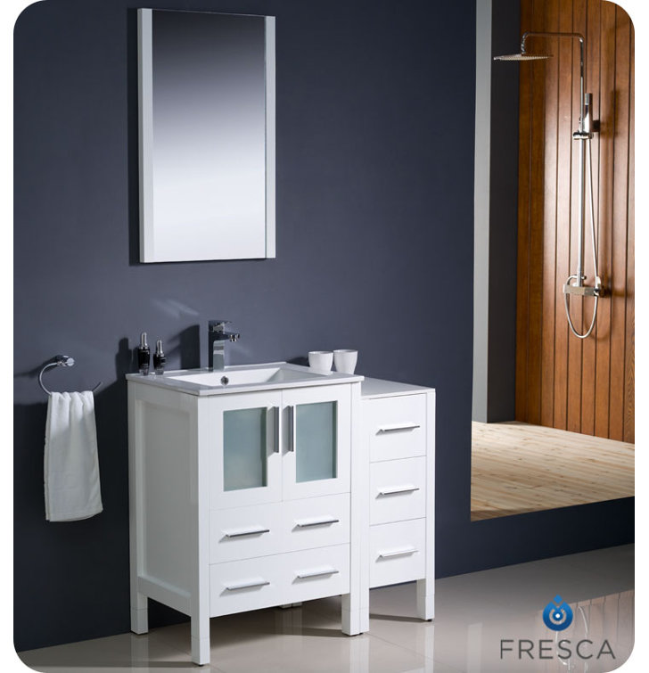 White Engineered Wood Freestanding Vanity Set with Mirror and Ceramic Sink