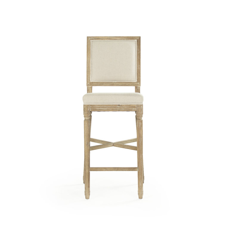 Gray Oak Bar Stool with Natural Linen Upholstery